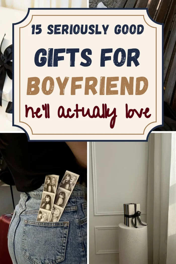 Gifts for boyfriend collage with white gift boxes tied with black bows, photo booth strips in a jeans pocket and a gift box on a white pedestal.