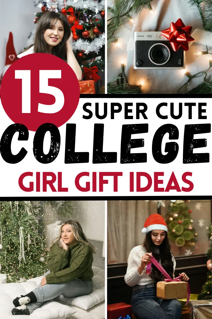 Gifts for college girls ideas with a girl holding a gift by the Christmas tree, an instant camera with a red bow, a girl in a green sweater by the tree and a girl unwrapping a kraft paper gift.