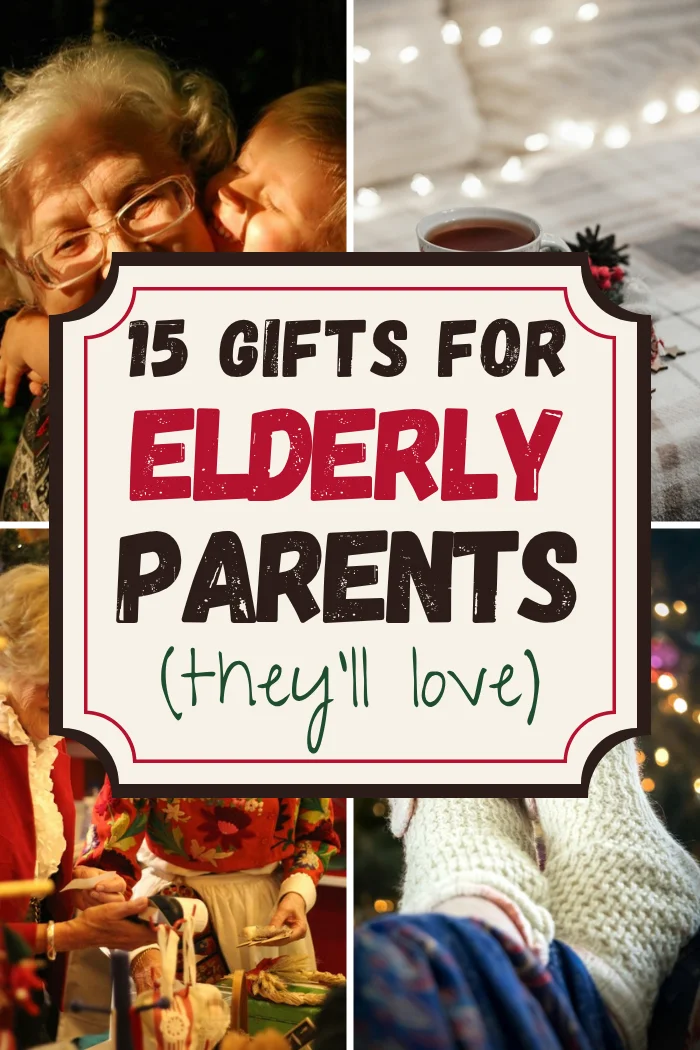 Gifts for elderly parents with a grandmother hugging her grandchild, tea on a plaid blanket, grandparents crafting and cozy slippers by the tree.
