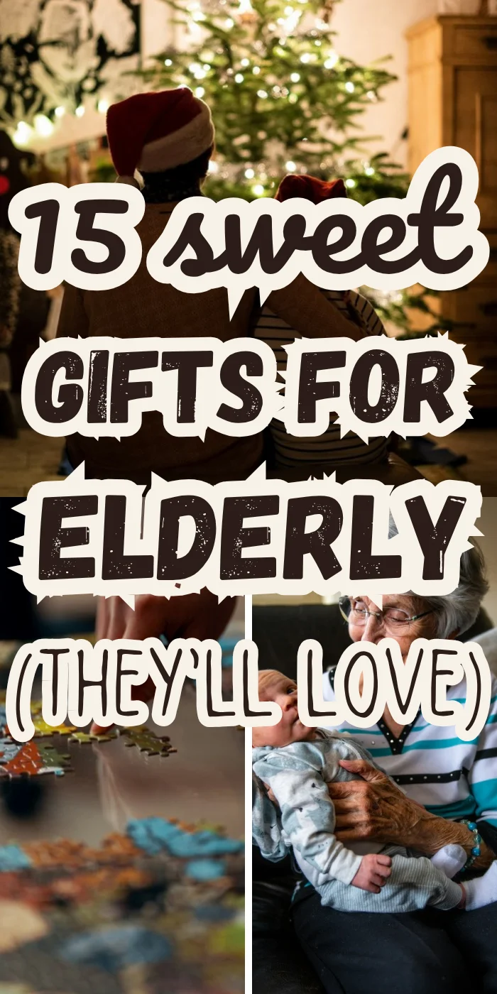 Gifts for elderly with an older couple by a glowing Christmas tree, a jigsaw puzzle and a grandmother holding a newborn grandbaby.