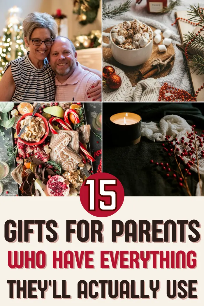Gifts for parents who have everything with a smiling older couple by the Christmas tree, hot cocoa on a blanket, a Christmas charcuterie board and a candle with red berries.