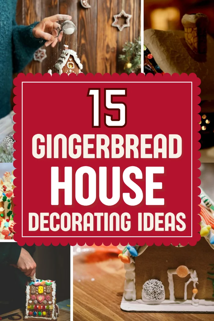 Gingerbread house decorating ideas with a snowy gingerbread village, a glowing gingerbread house, a candy roof, hands decorating and icing piping.
