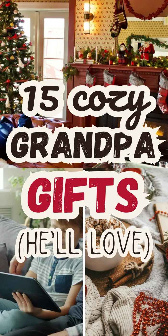 Grandpa gifts pin with a cozy living room fireplace and hot cocoa