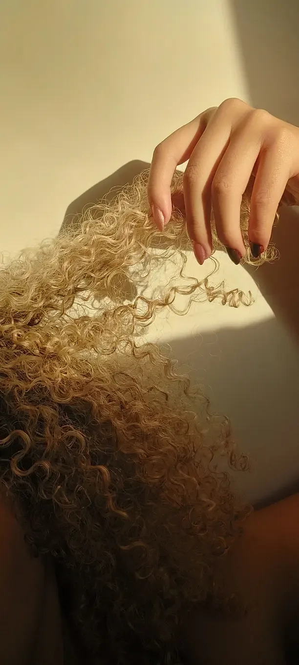 Curly blonde hair glowing in warm sunlight