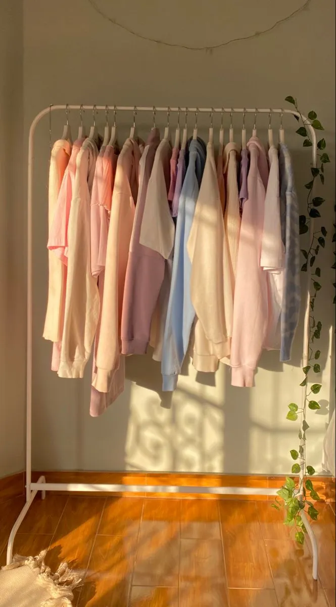 How to get rid of wrinkles without an iron with pastel clothes hanging on a rack