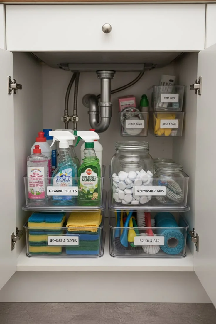 Organized under-sink cabinet with kitchen cleaning products in clear bins