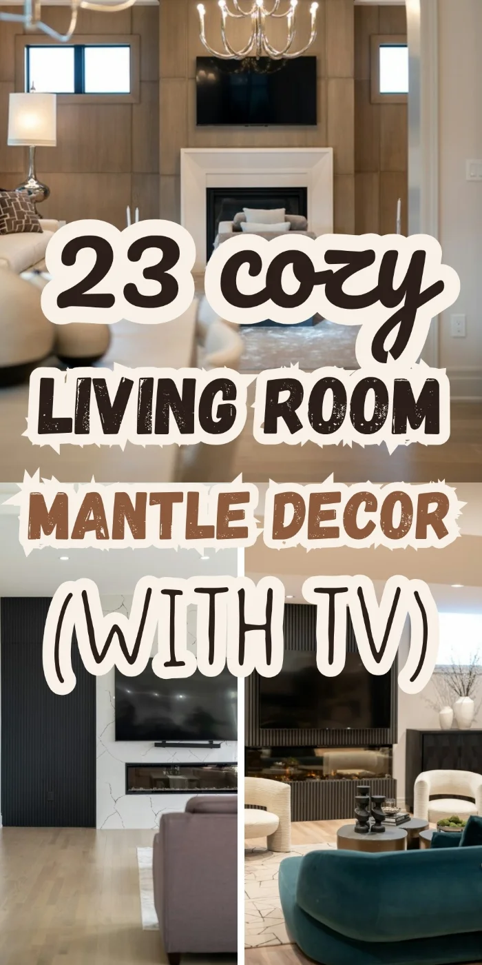 Living room mantle decor with TV ideas showing a wood paneled wall with a fireplace and TV, a marble TV wall with a linear fireplace and a cozy living room with a fireplace media wall.