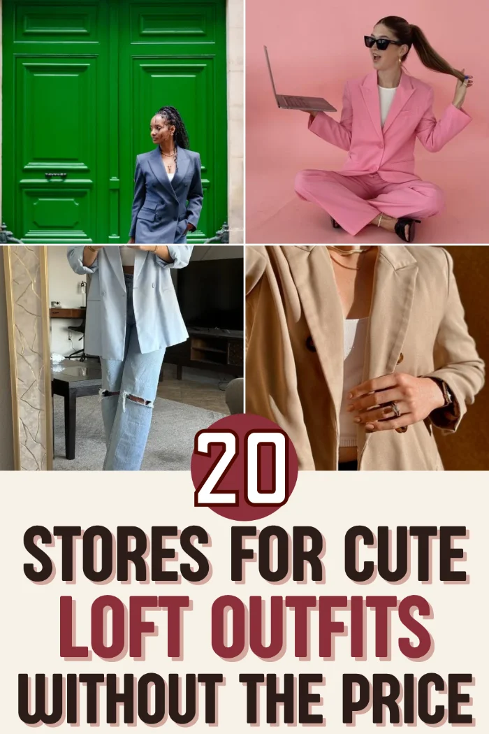 Loft outfits pin with a blue blazer by a green door, a pink suit, a light blazer with jeans and a camel blazer.