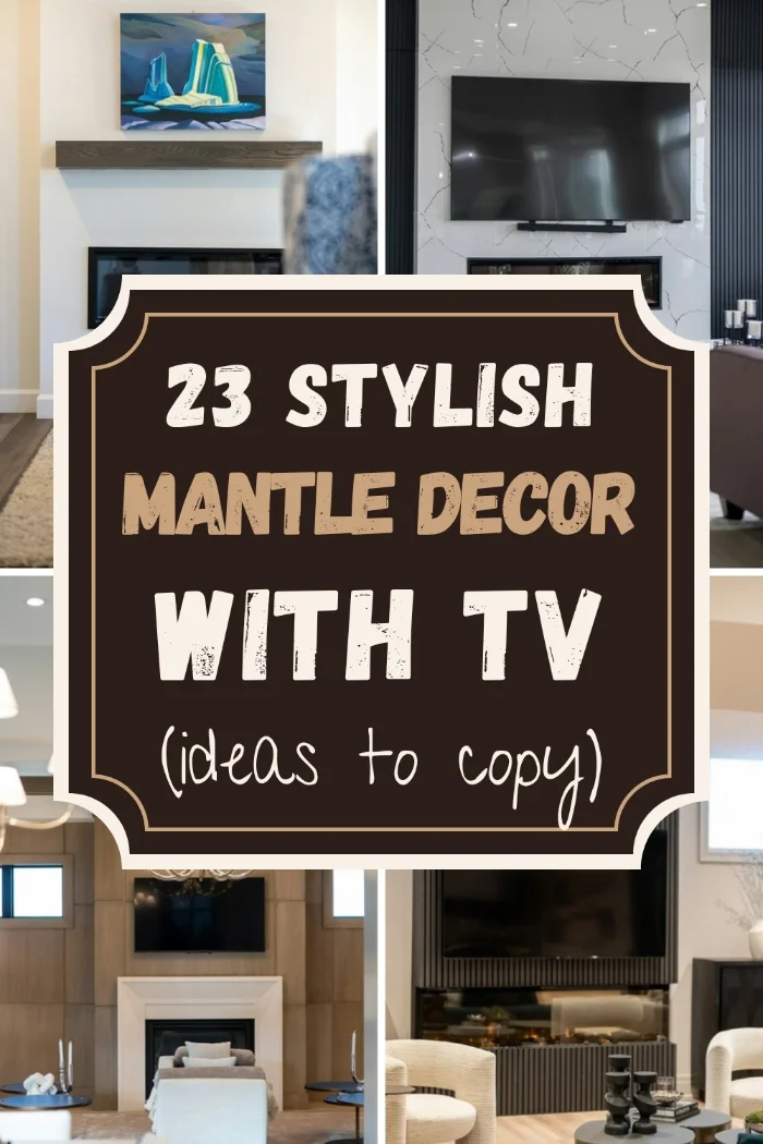 Mantle decor with TV ideas collage showing a wood beam mantle with art, a marble fireplace wall with a mounted TV, a paneled fireplace with a TV above and a modern media wall.
