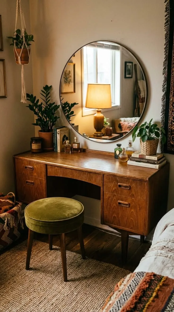 Mid century wood desk with a round mirror and green stool