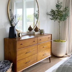 Teak mid century dresser with a round mirror and plant
