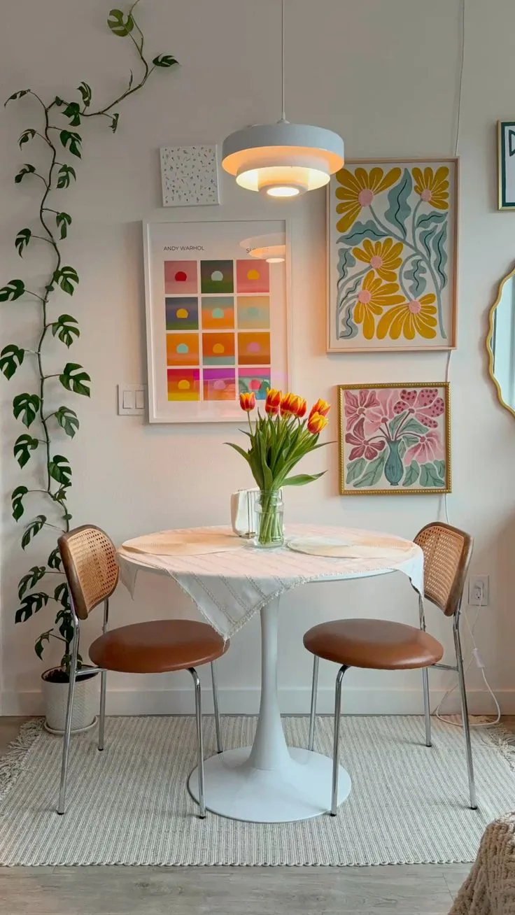 White tulip dining table with molded chairs and colorful art