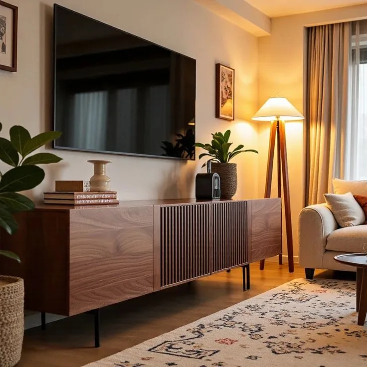 Walnut fluted TV credenza in a living room