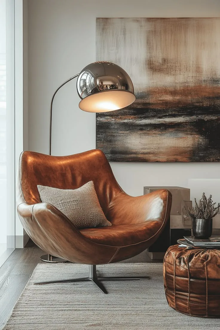 Cognac leather mid century accent chair with a floor lamp
