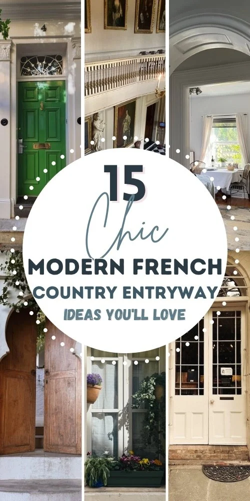 Modern french country entryway pin with a green front door, a grand staircase hall, wooden double doors and a white door with flower boxes.