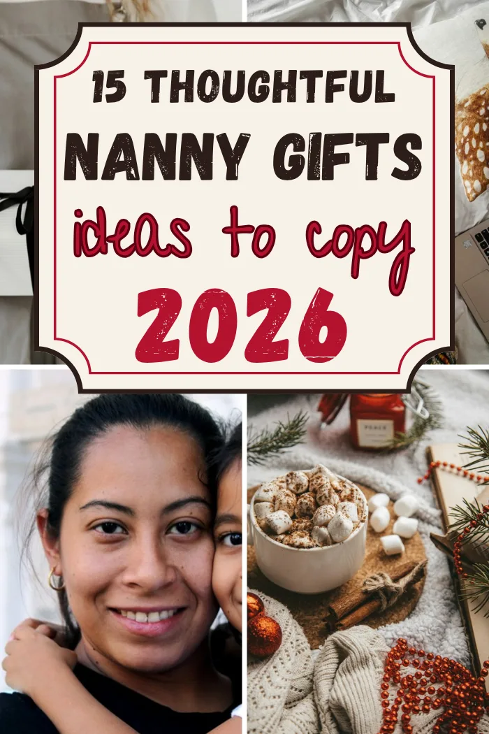 Nanny gifts with a gift tied with a black bow, cozy knit socks, a woman hugging a little girl and a mug of hot cocoa with marshmallows.