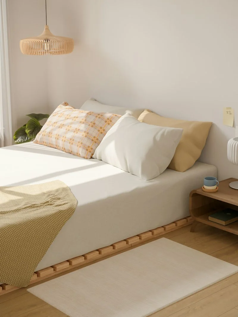 Bright neutral bedroom with a rattan pendant, cream bedding and a woven throw