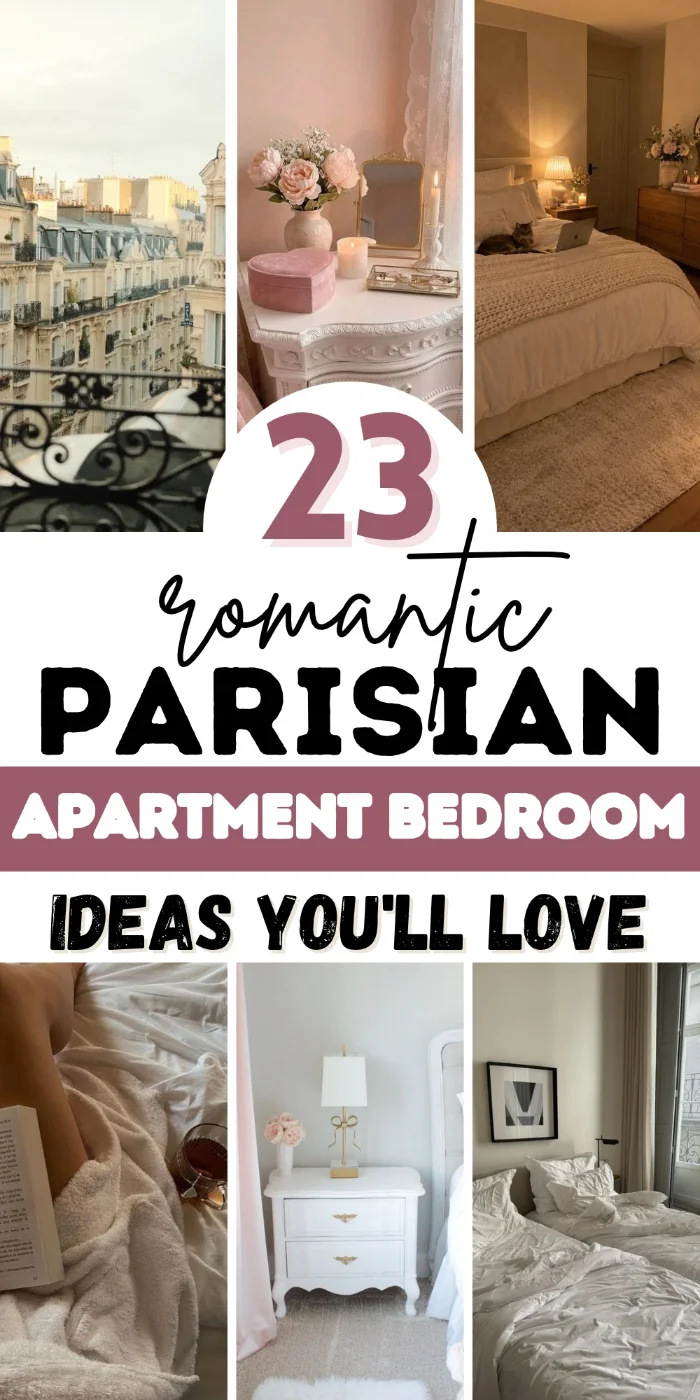 Parisian apartment bedroom pin with a Paris balcony view, a carved nightstand with peonies, a cozy bed, reading in bed, a bow lamp nightstand and a white bed.