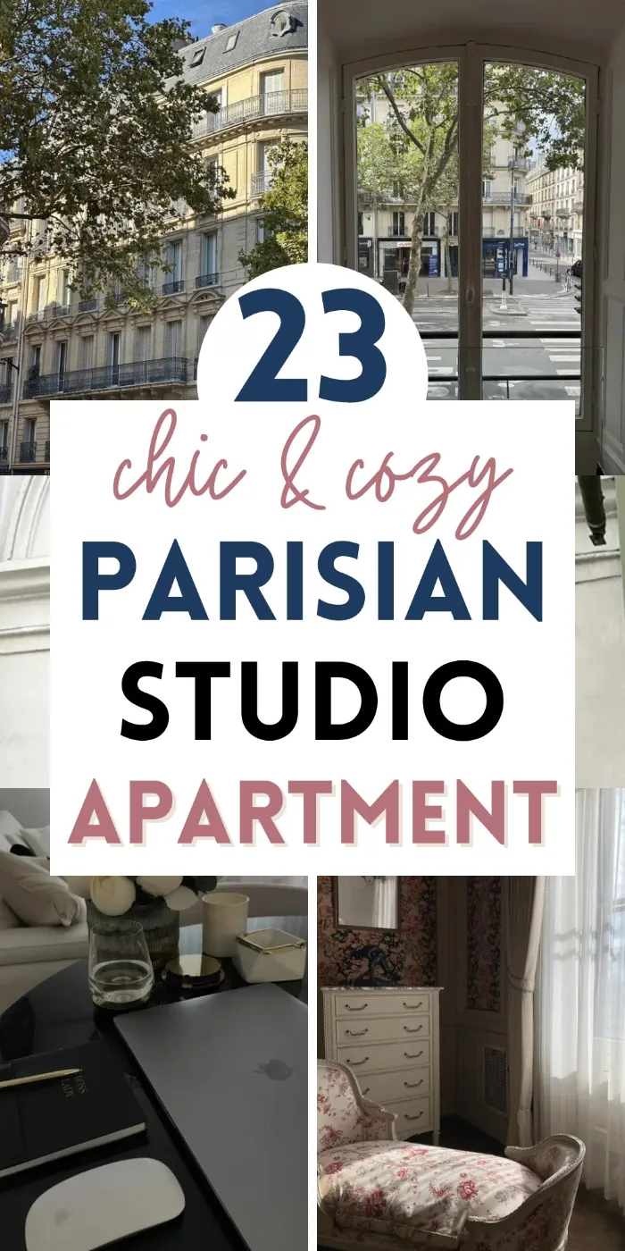 Parisian studio apartment pin with Paris buildings, tall French windows, a cozy desk with a candle and a floral vintage chair by a dresser.