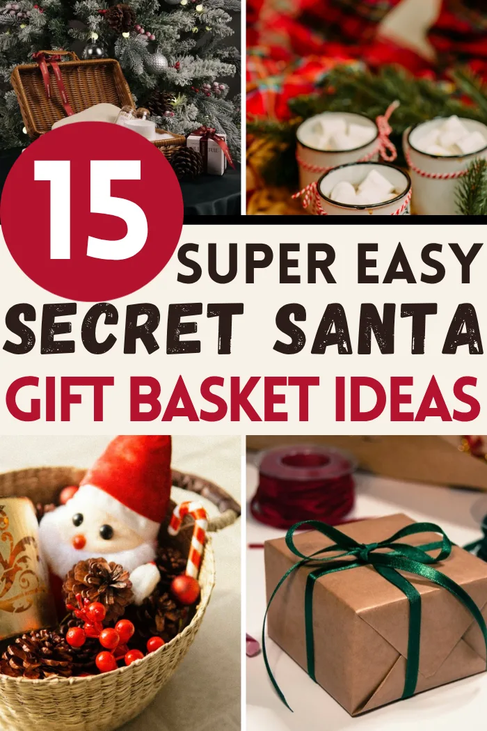 Secret santa gift basket ideas with a wicker basket by a flocked tree, hot cocoa mugs on plaid, a snowman candy basket and a kraft gift box with a green ribbon.