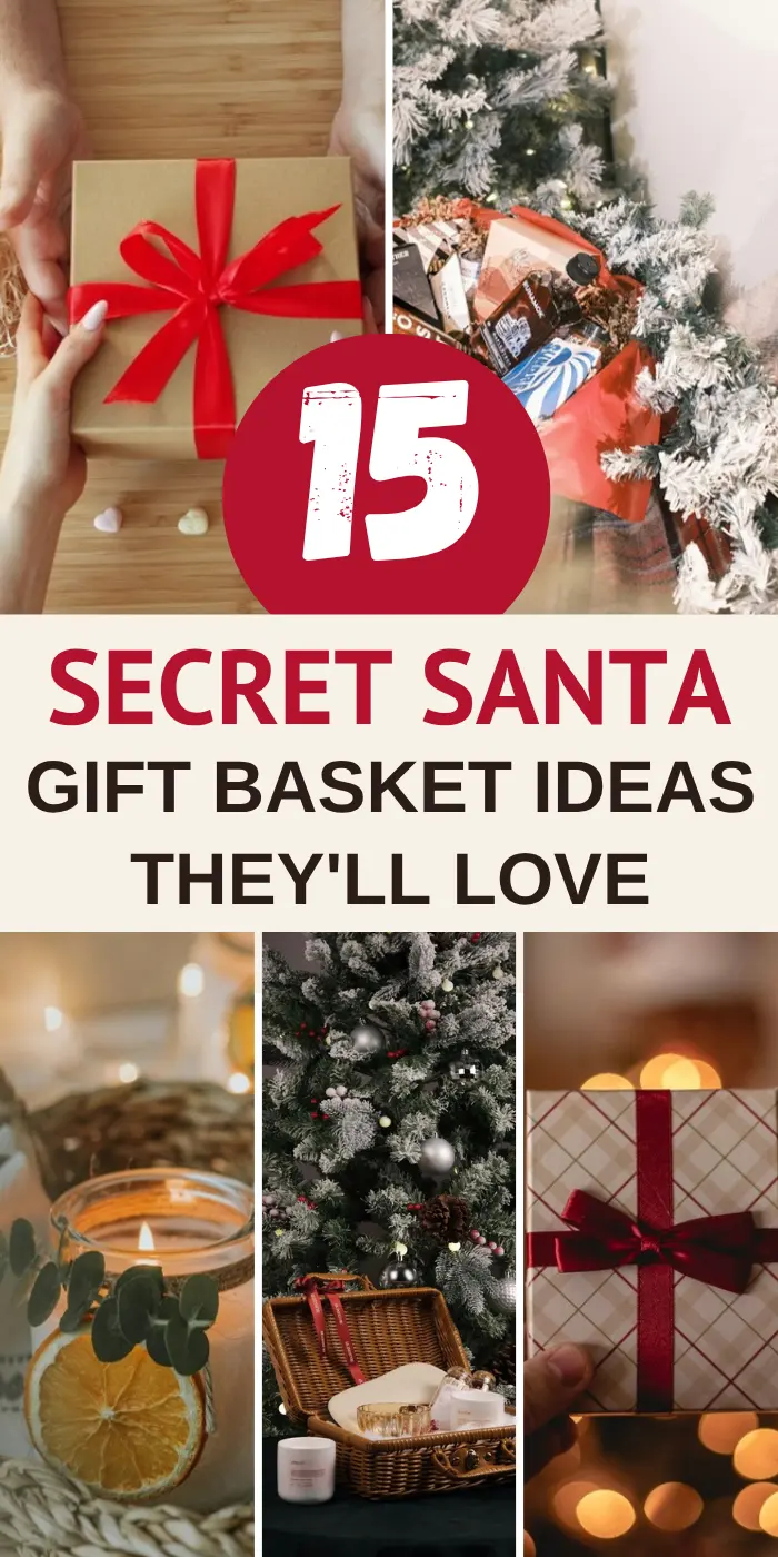 Secret santa gift basket with hands exchanging a red ribbon gift, a gift basket by a flocked tree, a candle with dried orange, a wicker basket under the tree and a plaid gift in twinkle lights.