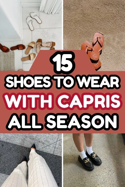 Shoes to wear with capris pin with sandals on a tile floor, an orange sandal on sand, pointed flats with cream pants and loafers with socks.