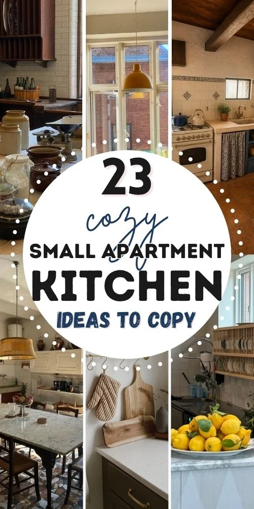 Small apartment kitchen pin with rustic shelves and jars, a window with a pendant light, a vintage stove, a marble table, hooks with towels and lemons.