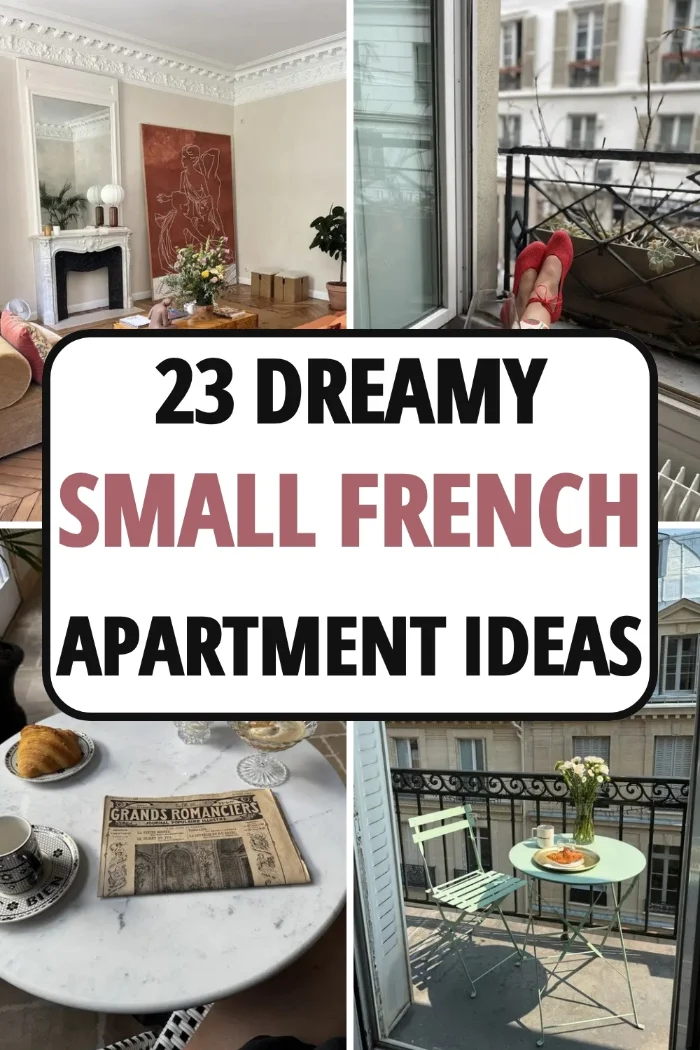 Small French apartment ideas collage with a Parisian living room with a marble fireplace, red flats on a balcony, a croissant on a marble table and a bistro set on a Paris balcony.