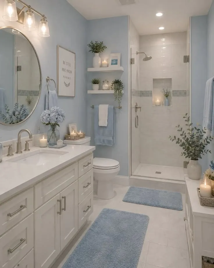 Small guest bathroom ideas with a light blue bathroom and white vanity