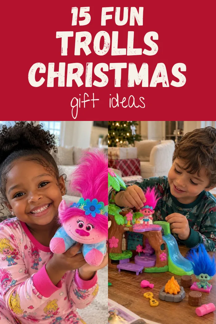 Trolls christmas gift ideas with a smiling girl hugging a Poppy plush and a boy playing with a Trolls treehouse playset by the Christmas tree.