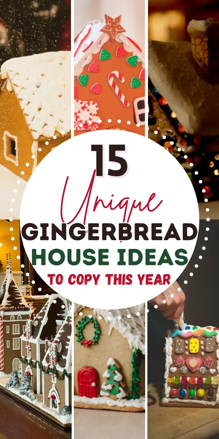 Unique gingerbread house ideas with a white icing house, a candy covered house, a glowing house, a gingerbread town, a wreath house and icing piping.