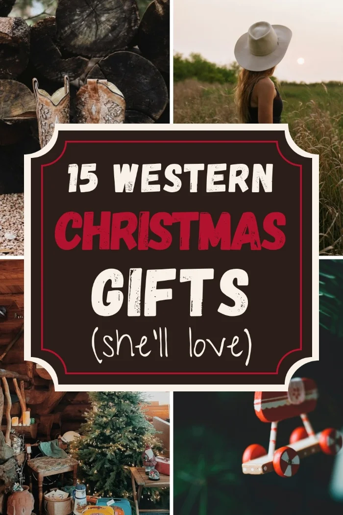 Western christmas gifts pin with cowboy boots and a log cabin Christmas tree