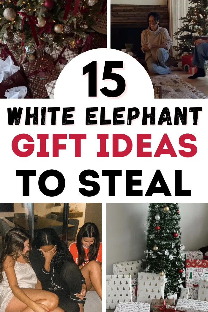 White elephant gifts collage with plaid wrapped gifts under the Christmas tree, opening presents by the tree, friends laughing on the couch and wrapped gifts around a small tree.