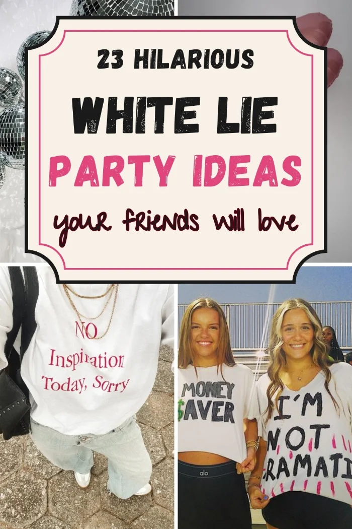White lie party ideas pin with a girl in a white slogan t shirt, two friends in white lie shirts, disco balls and pink heart balloons.