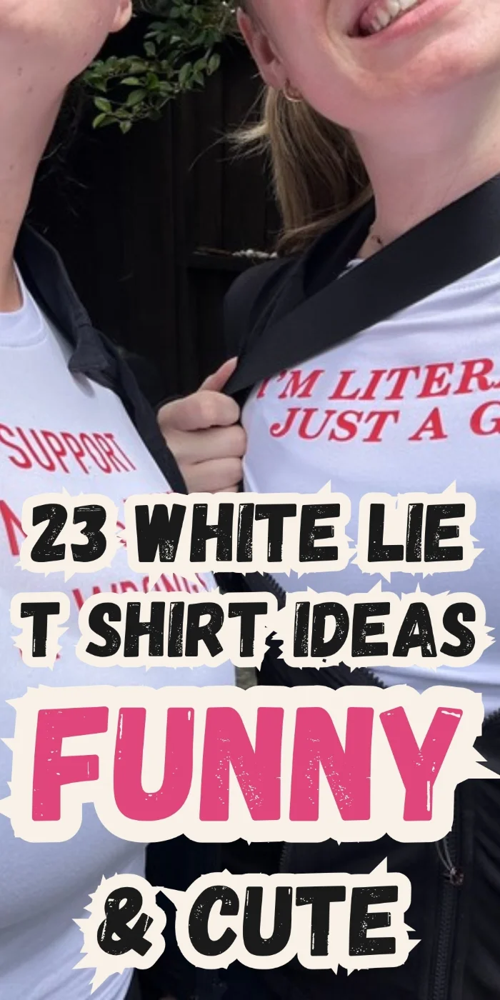 Funny white lie t shirt ideas pin with three friends in sparkly party outfits holding champagne in front of a tinsel curtain.